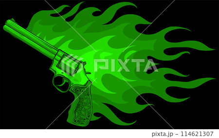 vectro illustration of revolver with flames on black background 114621307