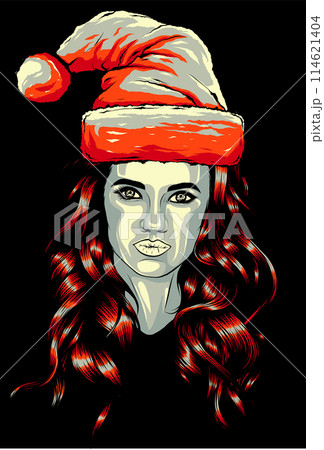 Vector illustration of a beautiful woman with Christmas Santa hat on black background 114621404
