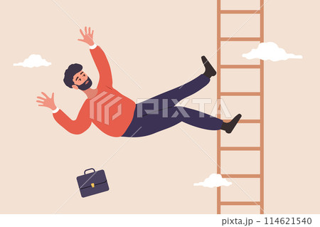 Man falling down the career ladder. Troubles and problems on work. Economic crisis. Investors losing money concept. Vector illustration in flat cartoon style Man falling down the career ladder. Troubles and problems on work. Economic crisis. Investors losing money concept. Vector illustration in flat cartoon style 114621540