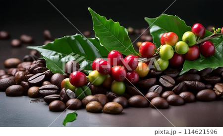コーヒー豆とコーヒーの実と果実1 コーヒー豆とコーヒーの実と果実1 114621596