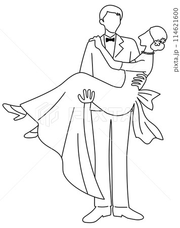 花嫁を抱き上げる花婿の線画 114621600