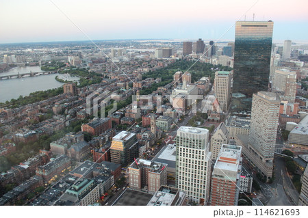 A view of Boston from the observation deck of the Prudential Tower. At the sunset A view of Boston from the observation deck of the Prudential Tower. At the sunset 114621693