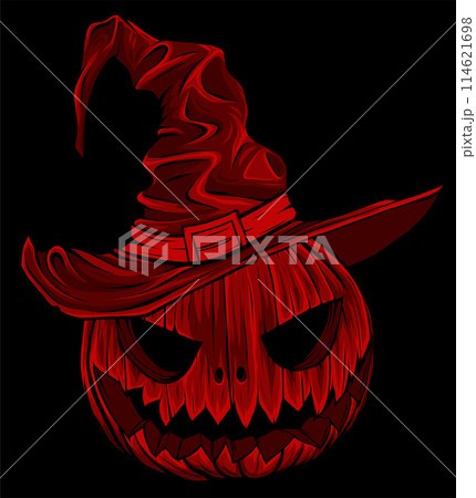 Cartoon halloween pumpkin wearing witch hat isolated on black background Cartoon halloween pumpkin wearing witch hat isolated on black background 114621698