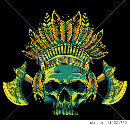 Vector illustration of Indian skull and cross ax on black background 114621780