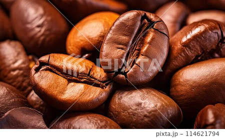 深入り焙煎されたコーヒー豆のクローズアップ1 深入り焙煎されたコーヒー豆のクローズアップ1 114621794