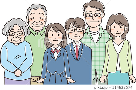 人物イラスト_3世代6人家族_父_母_男子学生_女子学生_祖父母 114622574