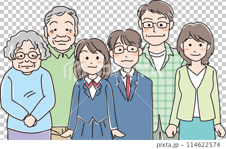 人物イラスト_3世代6人家族_父_母_男子学生_女子学生_祖父母 114622574