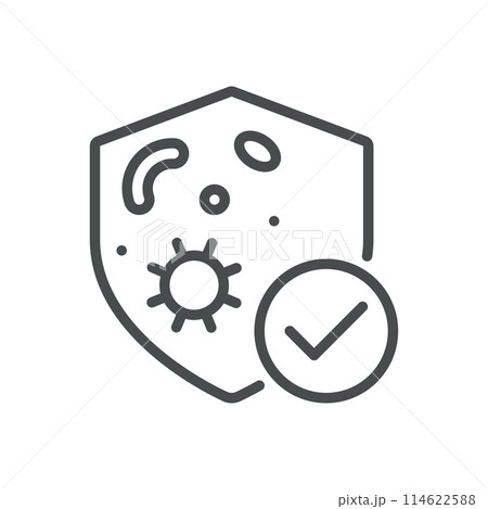 Good Hygiene Icon. Vector Line Illustration of Shield with Germs and Check Mark, Representing Effective Hygiene Practices. Isolated Outline Medical Sign. Good Hygiene Icon. Vector Line Illustration of Shield with Germs and Check Mark, Representing Effective Hygiene Practices. Isolated Outline Medical Sign. 114622588