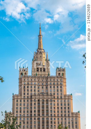 The view on the residential Stalinist high-rise building on Kudrinskaya Square. It is the one of seven Stalinist skyscrapers built in 1947-1954. The view on the residential Stalinist high-rise building on Kudrinskaya Square. It is the one of seven Stalinist skyscrapers built in 1947-1954. 114622689