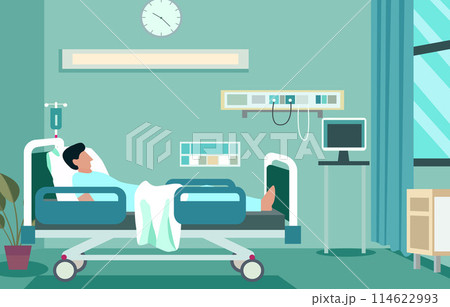 Sick Male Patient Sleeping on the Bed in Hospital Inpatient Room 114622993
