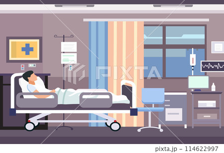 Sick Male Patient Sleeping on the Bed in Hospital Inpatient Room Sick Male Patient Sleeping on the Bed in Hospital Inpatient Room 114622997