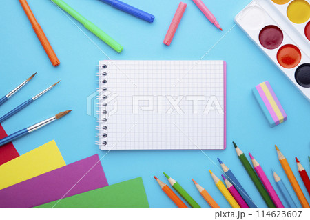 Back to school concept on blue background with copy space 114623607