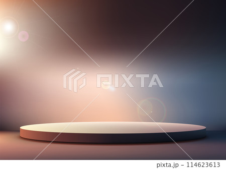 3D brown podium with sunlight and flare on twilight sky background, nature concept 3D brown podium with sunlight and flare on twilight sky background, nature concept 114623613