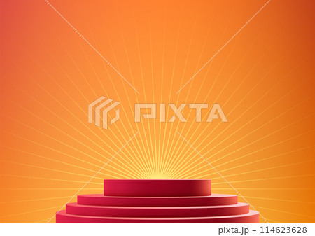 3D red podium stands out against a radial line bright yellow wall, perfect for award winning product displays, mockups, and showroom 114623628