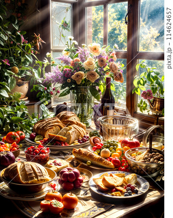 Painting of table full of food and vase with flowers in it. Generative AI 114624657