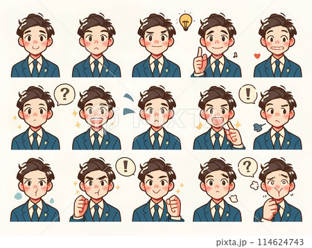 スーツを着た若い男性の15種類の表情のセット：笑顔、疑問、閃き、やる気など 114624743