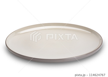 High angle view of brown ceramic plate with brown edge isolated on white background. High angle view of brown ceramic plate with brown edge isolated on white background. 114624767