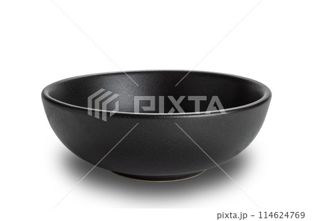 Closeup view of empty black ceramic bowl isolated on white background. 114624769