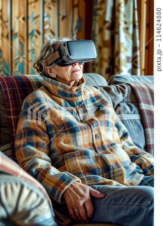 Elderly woman sitting on couch wearing virtual reality device on her head. Generative AI Elderly woman sitting on couch wearing virtual reality device on her head. Generative AI 114624880