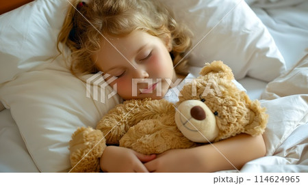 Peaceful Child Asleep with Teddy Bear in Cozy Bedroom Setting. Innocent Sleep, Comforting Plush Toy Companion. Nurturing Childhood Moments. AI 114624965