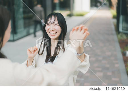 久しぶりに会う友達と再会した若い女性 久しぶりに会う友達と再会した若い女性 114625030