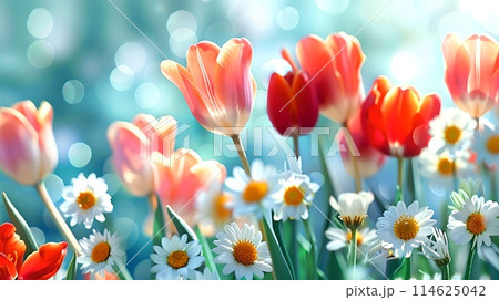 Vibrant Tulips and Daisies Flourishing in a Sunlit Field, Depicting Freshness and Nature's Beauty with a Soft Focus Background. Perfect for Spring Themes and Floral Designs. AI 114625042