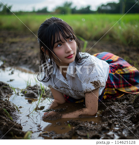 田んぼに横たわる学生 田んぼに横たわる学生 114625128