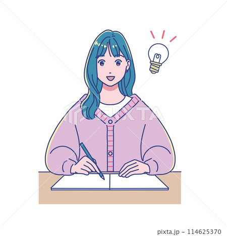 机で勉強するアニメ風の女子学生 机で勉強するアニメ風の女子学生 114625370