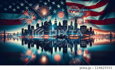 festive Fourth of July independence day. Cityscape of major US city with vibrant fireworks illuminating sky, juxtaposed with waving American flag. patriotic celebration 114625553