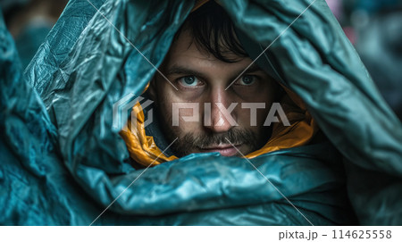 Man peering from under a hooded blanket. Man peering from under a hooded blanket. 114625558