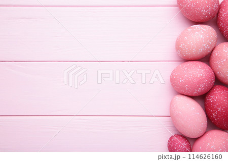 Colorful easter eggs on pink background. Easter concept Colorful easter eggs on pink background. Easter concept 114626160
