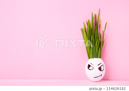 Cute handmade egg with hair of green grass with copy space. Easter concept on pink background Cute handmade egg with hair of green grass with copy space. Easter concept on pink background 114626182