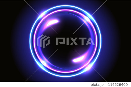 Abstract fantastic background with neon glowing round frame and space portal into another dimension Abstract fantastic background with neon glowing round frame and space portal into another dimension 114626400
