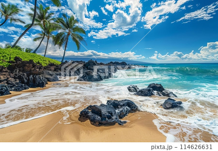 A stunning beach scene in Hawaii, with crystalclear turquoise waters and black lava rocks on the shore 114626631