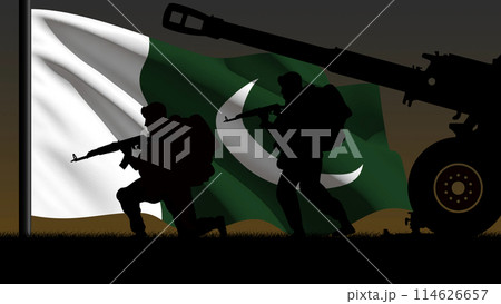 Silhouette of two soldiers and a war cannon, with the Pakistani flag in the background 114626657