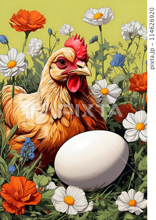 Pop art chicken eggs flowers Wall Art. 114626920