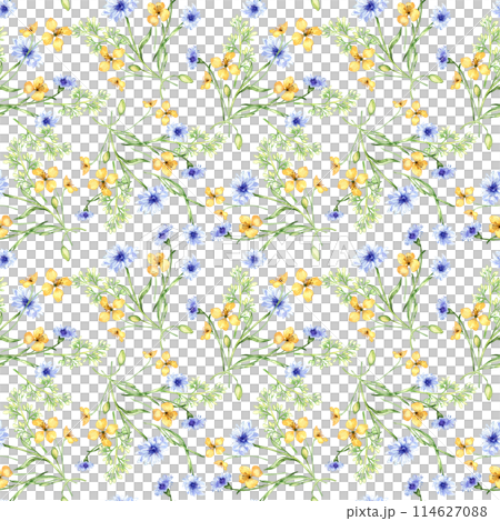 Yellow, blue meadow flowers in watercolor seamless pattern isolated on white. Celandine and cornflower in sketch. Medicinal plant, useful floral print hand drawn. Design for home textile, package 114627088