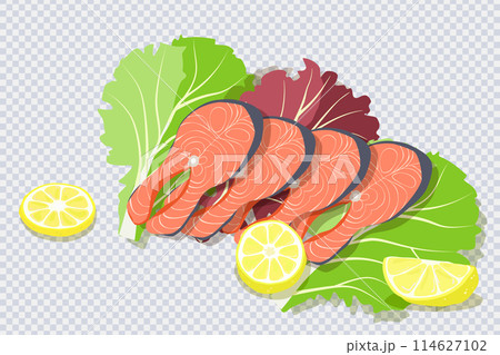 Set with steak salmon, lemon and lettuce leaves 114627102
