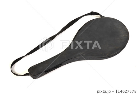 Old tennis racket cover isolated on white Old tennis racket cover isolated on white 114627578