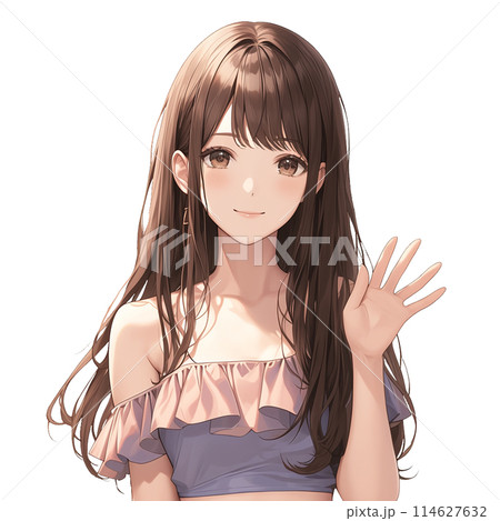 夏服を着て手を振る女性 114627632