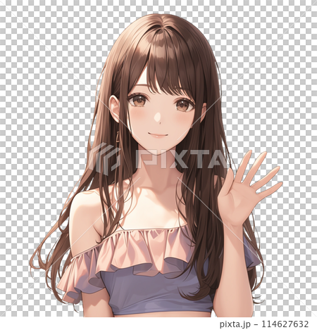 夏服を着て手を振る女性 114627632