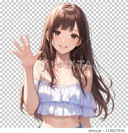 穿著夏裝的女人微笑揮手 穿著夏裝的女人微笑揮手 114627636