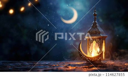 Arabic lantern and crescent moon, Ramadan Kareem background. Generative AI 114627855