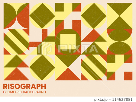 Modern poster with riso print effect. Abstract geometric shapes pattern risograph style with grain texture.Trendy riso graph style. Abstract background with grain texture. 80s style geometric collage. 114627881