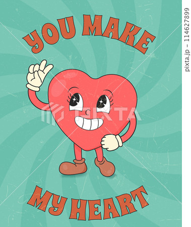 Trendy retro cartoon heart character. Vintage texture. Groovy style, vintage, 70s 60s aesthetics. Valentines day greeting card. Vector illustration in flat style 114627899