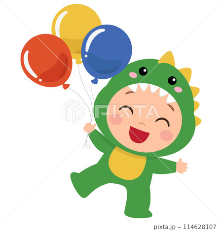 Cute baby boy in dinosaurs costume with balloons 114628107