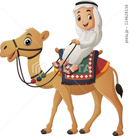 Cartoon Arab boy riding camel 114628138