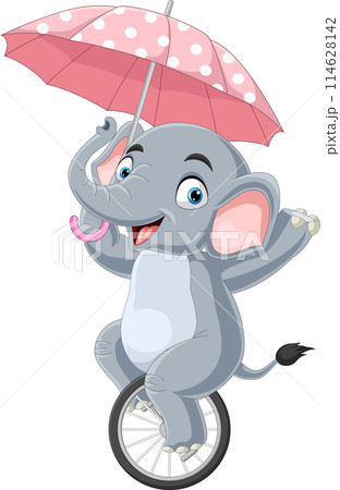 Cartoon elephant holding umbrella and riding one wheel bike Cartoon elephant holding umbrella and riding one wheel bike 114628142
