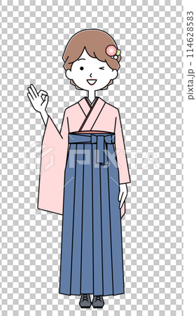 Illustration of a female college student wearing a hakama 114628583