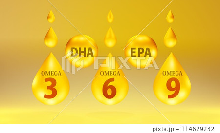 脂肪酸イメージイラスト　オイル　オメガ3　オメガ6　オメガ9　DHA　EPA　イメージ画像 114629232